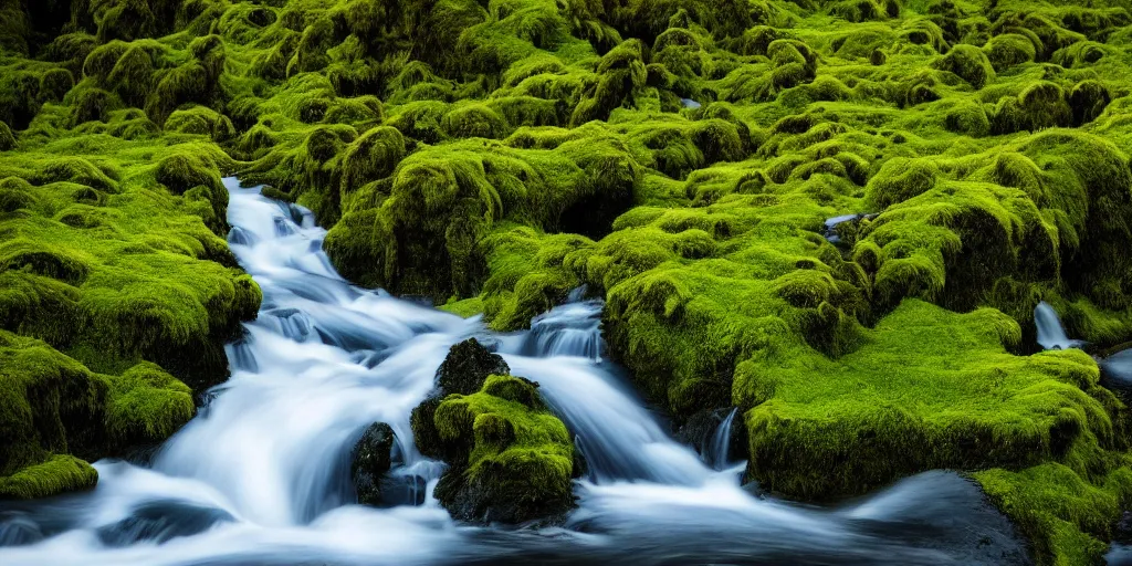 Image similar to photo of a landscape with lush forest, wallpaper, very very wide shot, iceland, new zeeland, green flush moss, national geographic, award landscape photography, professional landscape photography, waterfall, stream of water, big sharp rock, ancient forest, primordial, sunny, day time, beautiful