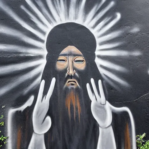 Prompt: monochromatic black graffiti spray-paint mural of blindfolded Jesus wearing a white linen blindfold, arms outstretched, rays of light emanate from his fingers, painted on a concrete wall by Minerva Teichert, Portra 400