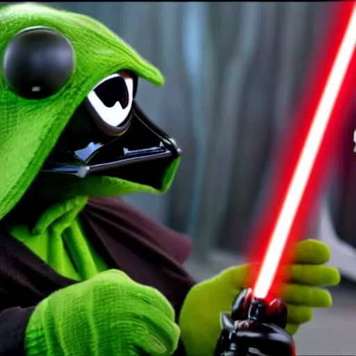 Image similar to Darth Vader battles Kermit the Frog in a Lightsaber duel, cinematic, 8k