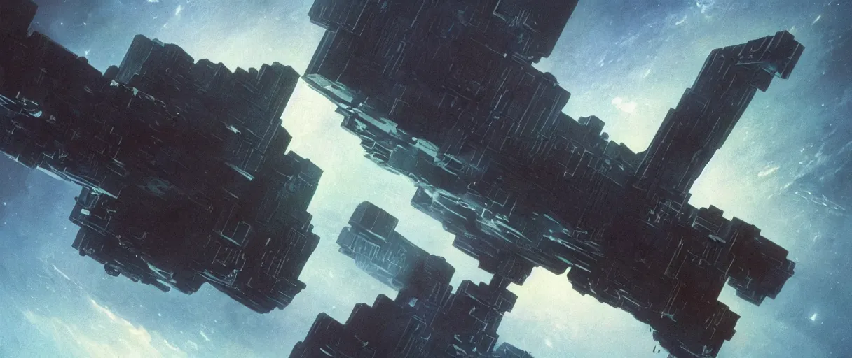 Prompt: concept art, a single spaceship, a ship drifting, deep space exploration, the expanse tv series, industrial design, dynamic angle, motion, spatial phenomena, cinematic lighting, 4k, greebles, widescreen, wide angle, beksinski, sharp and blocky shapes