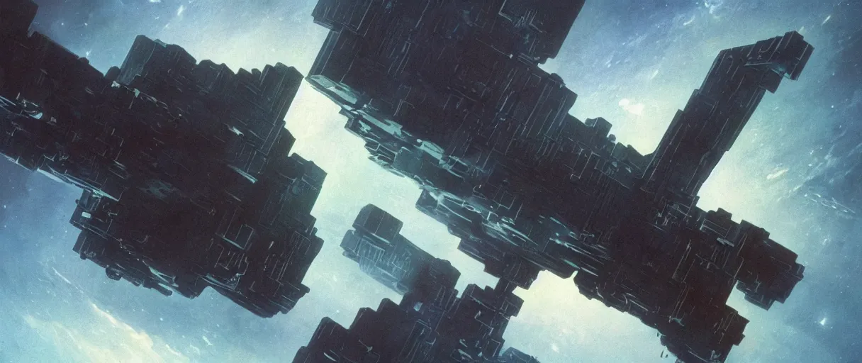 Image similar to concept art, a single spaceship, a ship drifting, deep space exploration, the expanse tv series, industrial design, dynamic angle, motion, spatial phenomena, cinematic lighting, 4k, greebles, widescreen, wide angle, beksinski, sharp and blocky shapes