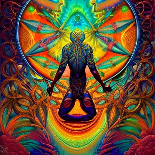 Image similar to psychedelic ayahuasca artwork of esao andrews frank xavier leyendecker, energy body, sacred geometry, esoteric art, divinity detailed, saturated colors,