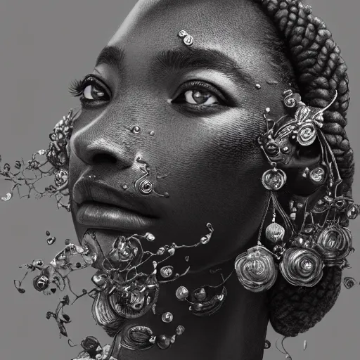 Image similar to the portrait of a blackberry that resembles an absurdly beautiful, graceful, elegant, sophisticated african girl, an ultrafine hyperdetailed illustration by kim jung gi, irakli nadar, intricate linework, bright colors, octopath traveler, final fantasy, unreal engine 5 highly rendered, global illumination, radiant light, detailed and intricate environment,