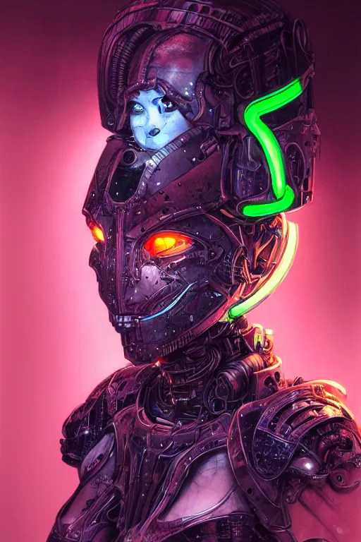 Prompt: portrait of a girl with a biomechanic armor and neon light by Ian Miller, dramatic lighting, highly detailed, trending on artstation