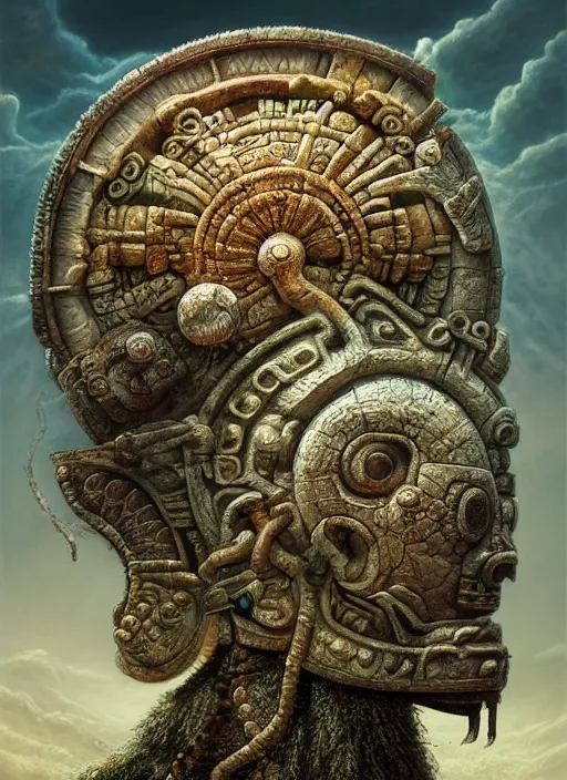 Image similar to Helmet of a forgotten Mayan Deity, ivory, moss, extremly detailed digital painting, in the style of Tomasz Alen Kopera and Fenghua Zhong and Peter Mohrbacher, mystical colors, rim light, beautiful lighting, 8k, stunning scene, raytracing, octane, trending on artstation