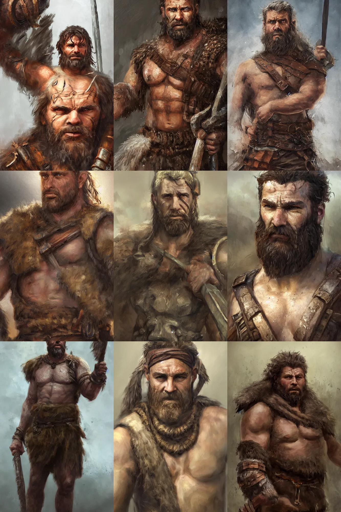 Prompt: a full body high detail fantasy portrait oil painting illustration of a single rugged stoic barbarian man by Justin Sweet with face and body clearly visible, pupils visible, realistic proportions, d&d, rpg, forgotten realms, artstation trending, high quality, sombre mood, artstation trending, muted colours, no crop, entire person visible!,