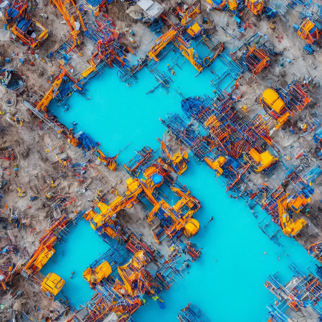 Image similar to colorful construction site with pools of bright blue water, birds eye view