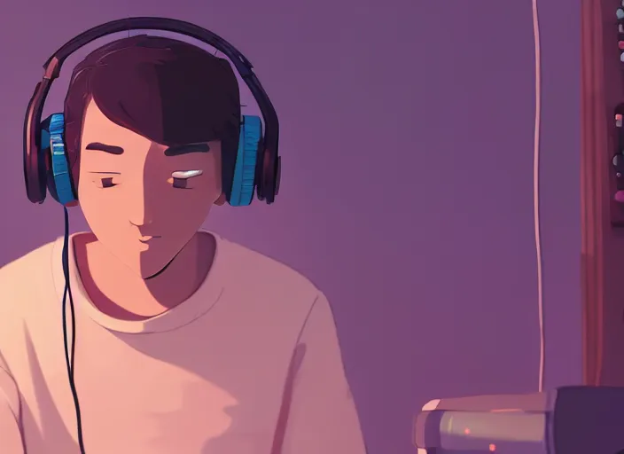 Image similar to man with headphones at his home studio producing music late at night, very detailed, 4 k, cory loftis, james gilleard, atey ghailan, makoto shinkai, goro fujita, studio ghibli, rim light, exquisite lighting, clear focus, very coherent, masterpiece