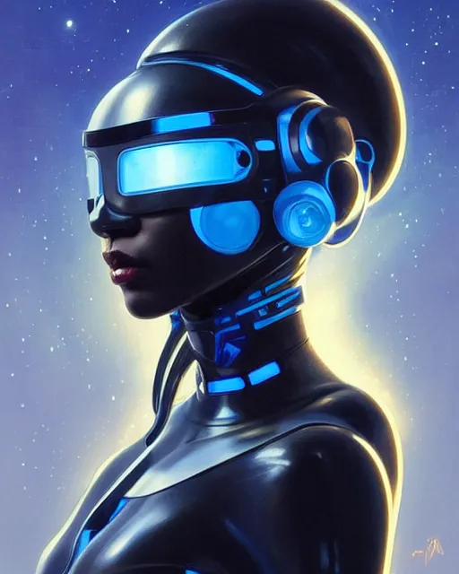 Image similar to Portrait of very very very very very very beautiful black woman, spacesuit, futuristic cybernetic helmet, blue eyes, real life skin, intricate, elegant, highly detailed, artstation, concept art, smooth, sharp focus, art by artgerm and greg rutkowski and alphonse mucha