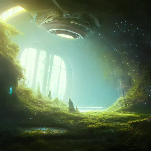 Image similar to , forest with big dome inside a spaceship, stephen bliss, misty, unreal engine, pixar, fantasy art by greg rutkowski, loish, ferdinand knab, and lois van rossdraws, global illumination, radiant light, minimalist, detailed and intricate environment