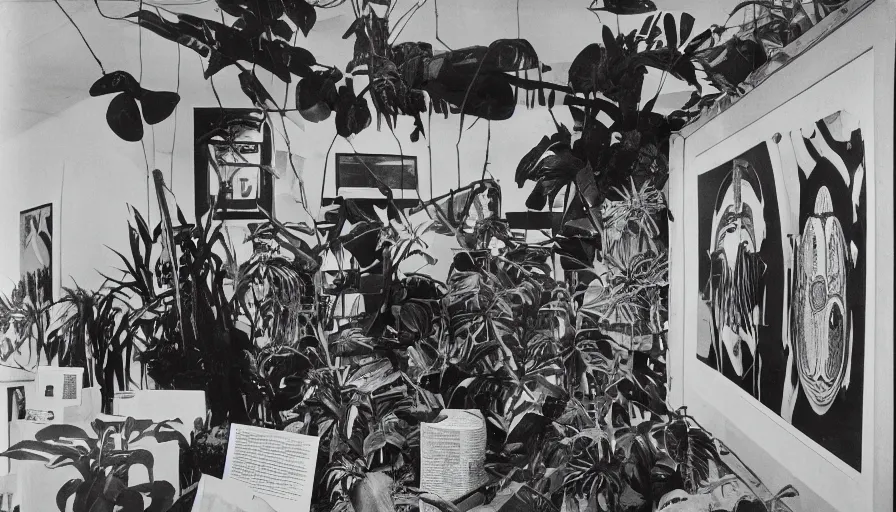 Image similar to A black and white photography of an exhibition space with objects of Sun Ra, Marcel Duchamp and tropical plants, 60s, offset lithography print, newspaper, distant shot, minimalist