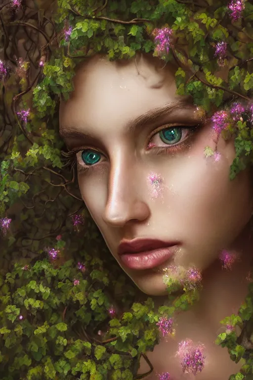 Prompt: elaborately detailed close up portrait of an extremely beautiful girl surrounded by vines, flowers, an eerie mist and ethereal rainbow bubbles, Aetherpunk, high fantasy matte painting, concept art, smooth, sharp focus, atmospheric lighting, highly detailed illustration highlights, backlight, golden ratio, 8K detail post-processing, award winning picture, sense of awe, featured on DeviantArt, fantasy matte painting movie poster, trending on cgsociety, intricate, majestic, dark epic fantasy, highly detailed, cinematic quality character render, ultra high quality model, production quality cinema mode
