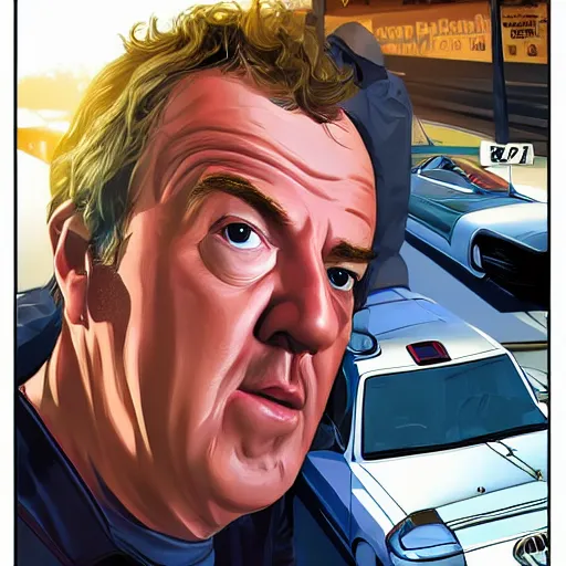 Image similar to Jeremy Clarkson in GTA V, cover art by Stephen Bliss, artstation, no text