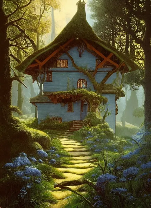 Image similar to hyper realistic homely ornate modern witch cottage distant down a path in the woods gorgeous lighting, blue sky, highly detailed, lush forest by zdzisław beksinski and norman rockwell and greg rutkowskiweta studio, and lucasfilm