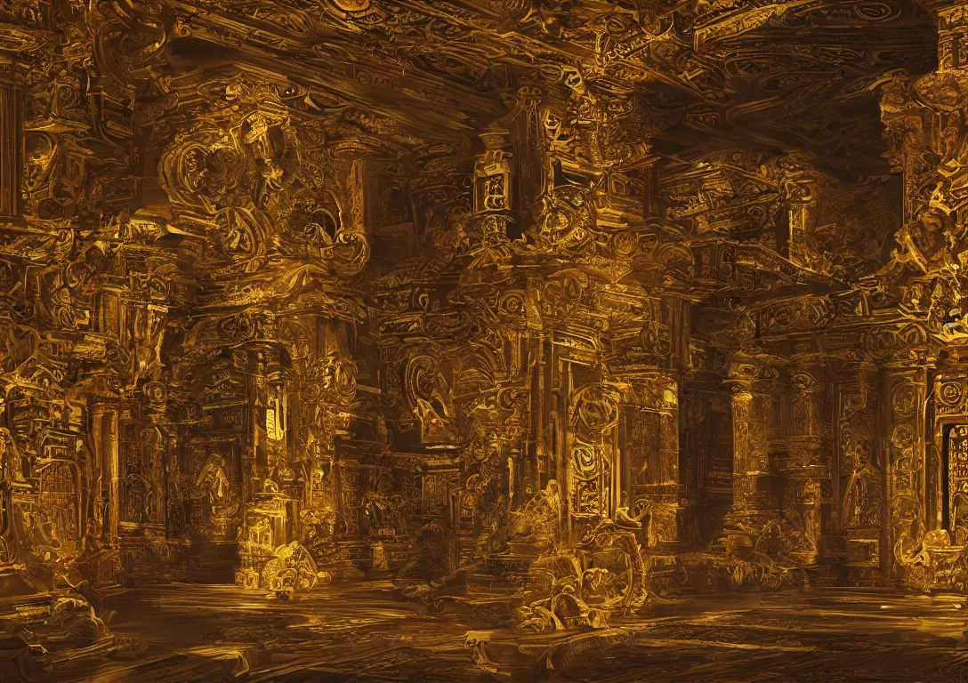 Prompt: hall of gods, with intricate details,, gold lighting by greg ruttowski, trending on artstation