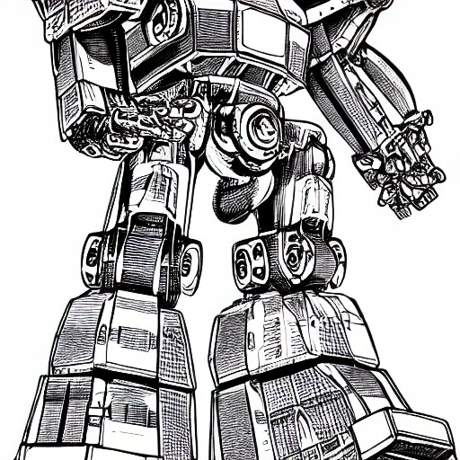 Prompt: detailed pen drawing of a giant mecha robot with a halo over its head