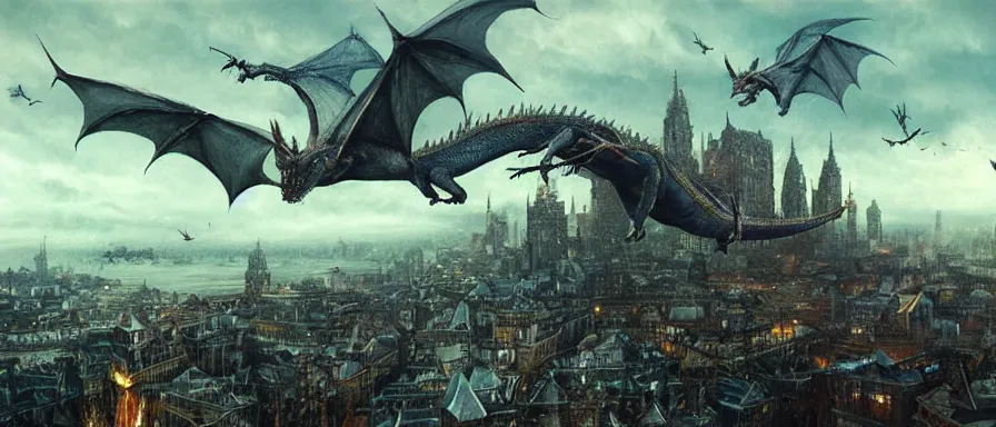 Image similar to dragons flying over the city, detailed matte painting, doomsday, trending on artstation, art by Alan Lee, Alexander Jansson, cinematic, full of color