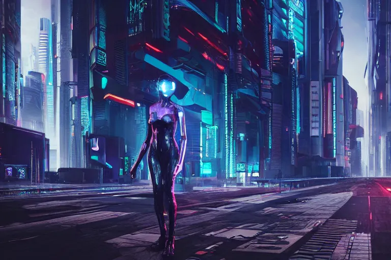 Image similar to cyberpunk alien concept inspired street, futuristic look, highly detailed body, very powerful, photorealistic camera shot, bright studio setting, studio lighting, crisp quality and light reflections, unreal engine 5 quality render