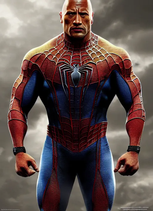 Image similar to hyper realistic dwayne johnson as spiderman in a obsidian metal armor, futuristic design, designed by makoto kobayashi and luca zampriolo, portrait, cyberpunk style, wood and gold details, intricate, extremely detailed, ornate, deep of field, hard surface, exoskeleton, substance designer metal unreal engine. amazing likeness. very detailed.