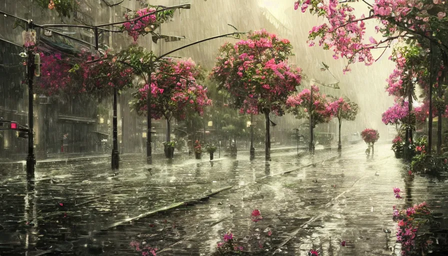 Image similar to city full of flowers, plant and trees, during heavy rain, artstation