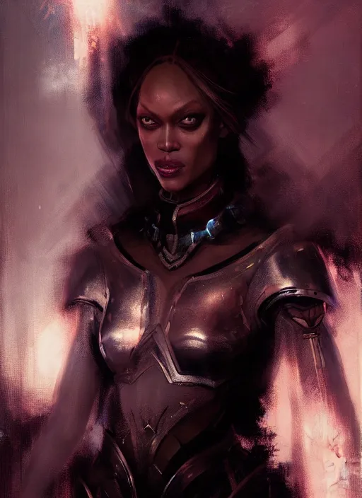 Prompt: portrait of tyra banks as mage wearing arcane light armor, fantasy, cinematic lighting, by jeremy mann