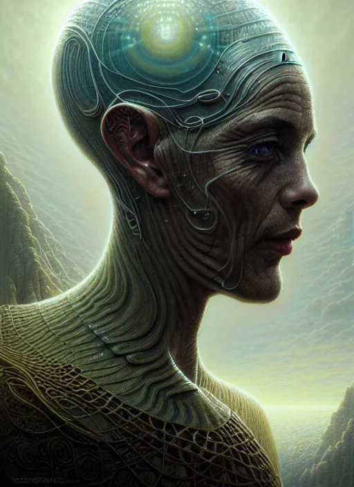 Image similar to closeup portrait shot of a cosmic human thought in a scenic dystopian environment, intricate, elegant, highly detailed, centered, digital painting, artstation, concept art, smooth, sharp focus, illustration, artgerm, tomasz alen kopera, peter mohrbacher, donato giancola, joseph christian leyendecker, wlop, boris vallejo