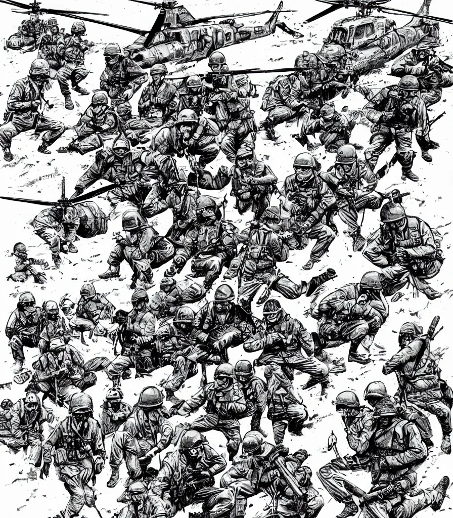 Prompt: vietnam war helicopter soldiers rain illustration in the style of jim lee