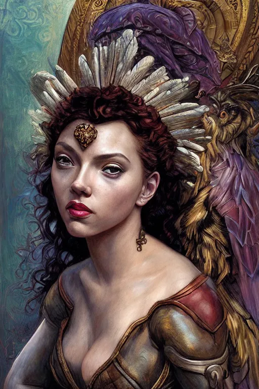 Image similar to A fantasy comic book style portrait painting of a hybrid Scarlett Johansson, Anya Taylor-Joy, as a Mystical Valkyrie, a beautiful female Reptilian Warrior, Regal, Realistic, Refined, Detailed Digital Art, Josephine wall, Oil Painting, William-Adolphe Bouguereau, Art Frahm, Esao Andrews, Steampunk, Walt Disney (1937), Highly Detailed, Cinematic Lighting, Unreal Engine, 8k, HD