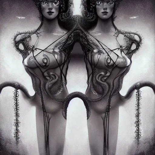 Image similar to By Tom Bagshaw, ultra realist soft painting of curiosities carnival by night, very beautiful bodysuit multiples thin tentacles cables, symmetry accurate features, very intricate details, ominous sky, black and white, volumetric light clouds