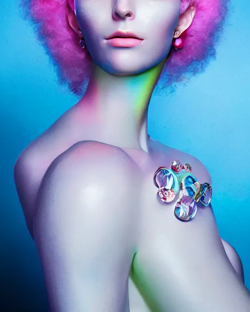 Image similar to natural light, soft focus portrait of an android with soft synthetic pink skin, blue bioluminescent plastics, smooth shiny metal, elaborate ornate head piece, piercings, skin textures, by annie liebovotz, paul lehr