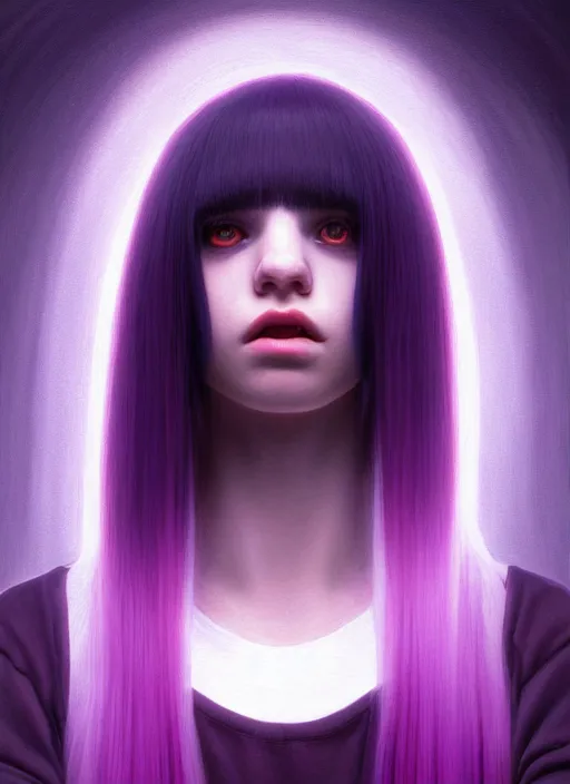 Image similar to hair whitebangs hair, black hair, whitebangs, portrait of teenage girl with white bangs, red irises, purple clothes, white bangs, bangs are different color from hair, intricate, elegant, glowing lights, highly detailed, digital painting, artstation, concept art, smooth, sharp focus, illustration, art by wlop, mars ravelo and greg rutkowski