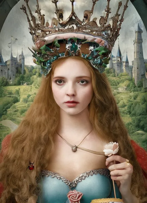 Image similar to closeup medieval bosch face portrait of a fairytale princess wearing a crown eating cakes in the castle, bikini, depth of field, zeiss lens, detailed and intricate environment, fashion photoshoot by nicoletta ceccoli, mark ryden, lostfish, breathtaking, 8 k resolution, extremely detailed, beautiful, establishing shot, artistic, hyperrealistic, octane render