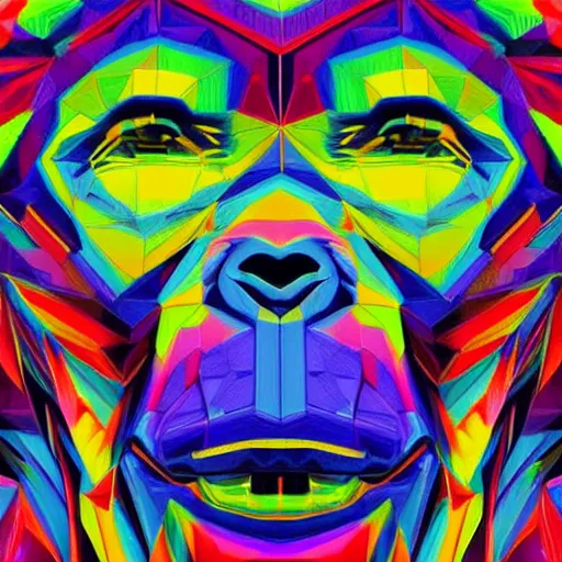 Image similar to a psychedelic neon technicolor portrait illustration of a gorilla in geometric kaleidoscopic colors trending on artstation 4 k intricate extremely detailed digital art