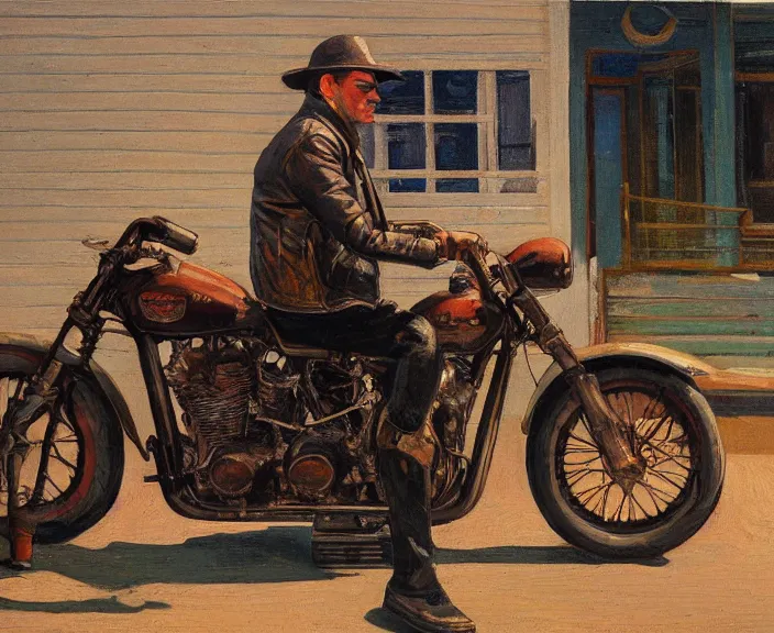 Image similar to a very detailed painting of a man wearing a leather jacket, riding a motorbike, harley davidson motorbike, front view, very fine brush strokes, in the style of edward hopper and grant wood and syd mead, 4 k,