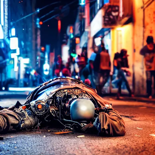 Prompt: an extreme close - up shot of a hacked cyborg lying destroyed in the middle of a crowded cyberpunk city street at midnight, using nikon d 7 5 0 0 and mitutoyo 1 0 x super detailed resolution uhd hdr 4 k