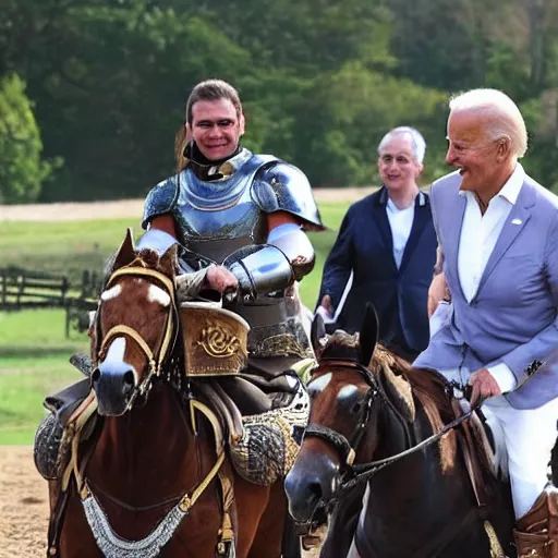 Image similar to Joe Biden riding a horse with a sword and armour, photo