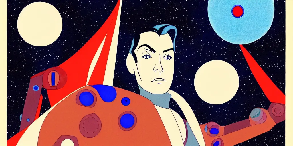 Image similar to traditional drawn colorful animation a symmetrical portrait of lonely single Alain Delon alone from 1960 pilot in posing in spaceship station planet captain bridge outer worlds robots extraterrestrial hyper contrast well drawn in Jean Henri Gaston Giraud animation film The Masters of Time FANTASTIC PLANET La planète sauvage animation by René Laloux