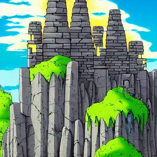 Image similar to futuristic ruins on a mountainside, colorful ruins, mega ruins, clouds on mountain, ruined buildings on mountainside, cel - shading, cel - shaded, 2 0 0 1 anime, bright sunshine