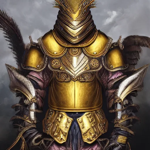 Prompt: fantasy art 4 k photo portrait of rooster kings in very detailed shiny plate armor engraved in gold ready for battle