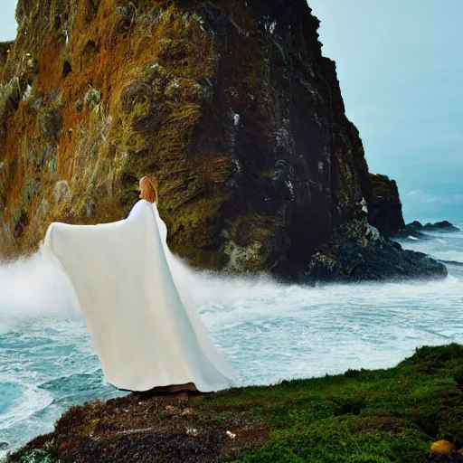 Image similar to 1 9 7 0's artistic italian western film in color, a woman in a giant billowy wide flowing waving dress made out of sea foam, standing inside a green mossy irish rocky scenic landscape, crashing waves and sea foam, volumetric lighting, backlit, moody, atmospheric