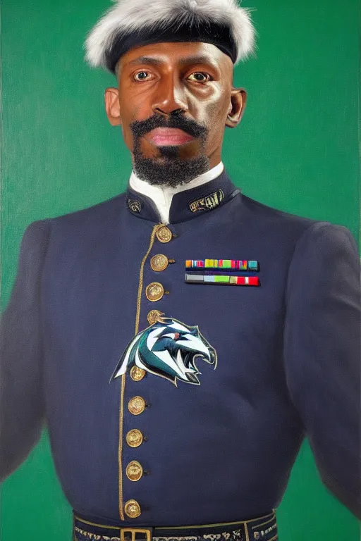 Prompt: facial portrait of the dictator of the minnesota timberwolves, 1 8 8 9, in full military garb, midnight blue, aurora green, lake blue, moonlight grey, kevin garnett, oil on canvas by william sidney mount, trending on artstation