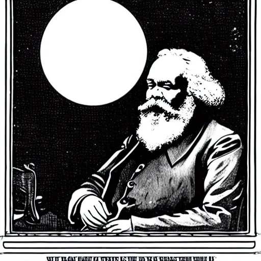 Prompt: Karl Marx pondering his orb, solar punk