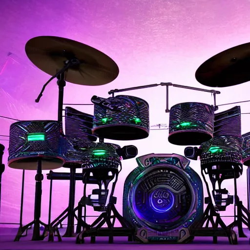 Image similar to photo of huge robotic drumset on a concert tage, the drumset is futuristic steampunk style with gears and tubes, 8 k, fluorescent colors, halluzinogenic, multicolored, exaggerated detailed, unreal engine - w 7 6 8