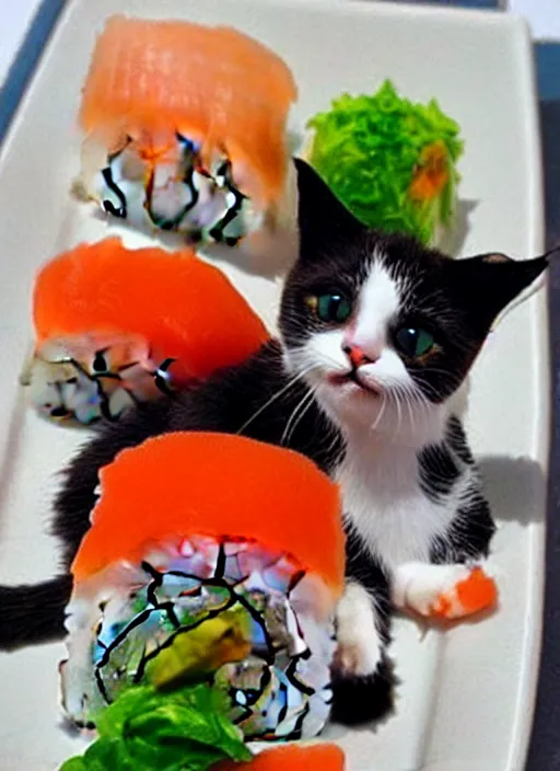 Image similar to clear photorealistic picture of adorable cats made out of sushi