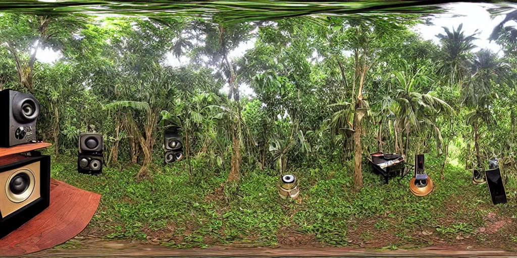 Image similar to a dream recording studio with turntables and large speakers in the jungle, by james gurney, equirectangular projection 360 panoramic