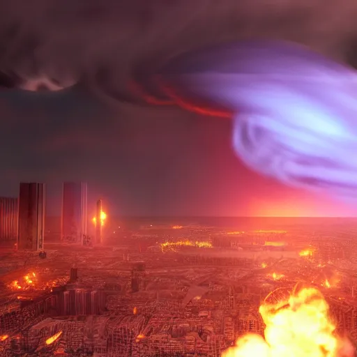 Prompt: last minute of an atomic catastrophe blowing up a city, realistic, volumetric light, render, 3 d, high quality, 4 k, galaxy