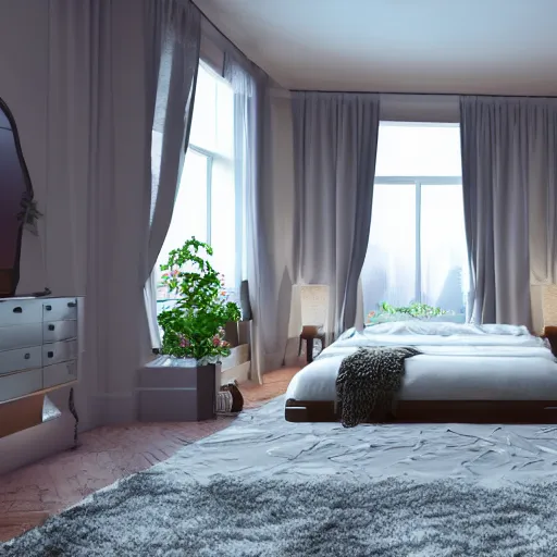 Image similar to surreal bedroom, ray traced, global illumination, high details, 8k