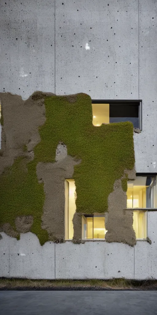 Prompt: a night photo of a minimalist contemporary house with large, bright windows. The mossy and weathered concrete has been eroded by millions of years of wind and water. The concrete looks like Geological strata of rust and sand colors. The erosion has created thousands of small cracks and holes filled with moss. The concrete has large holes and deep crevices that glow warmly in the night air. Moss is growing in the hundreds of eroded crevices.