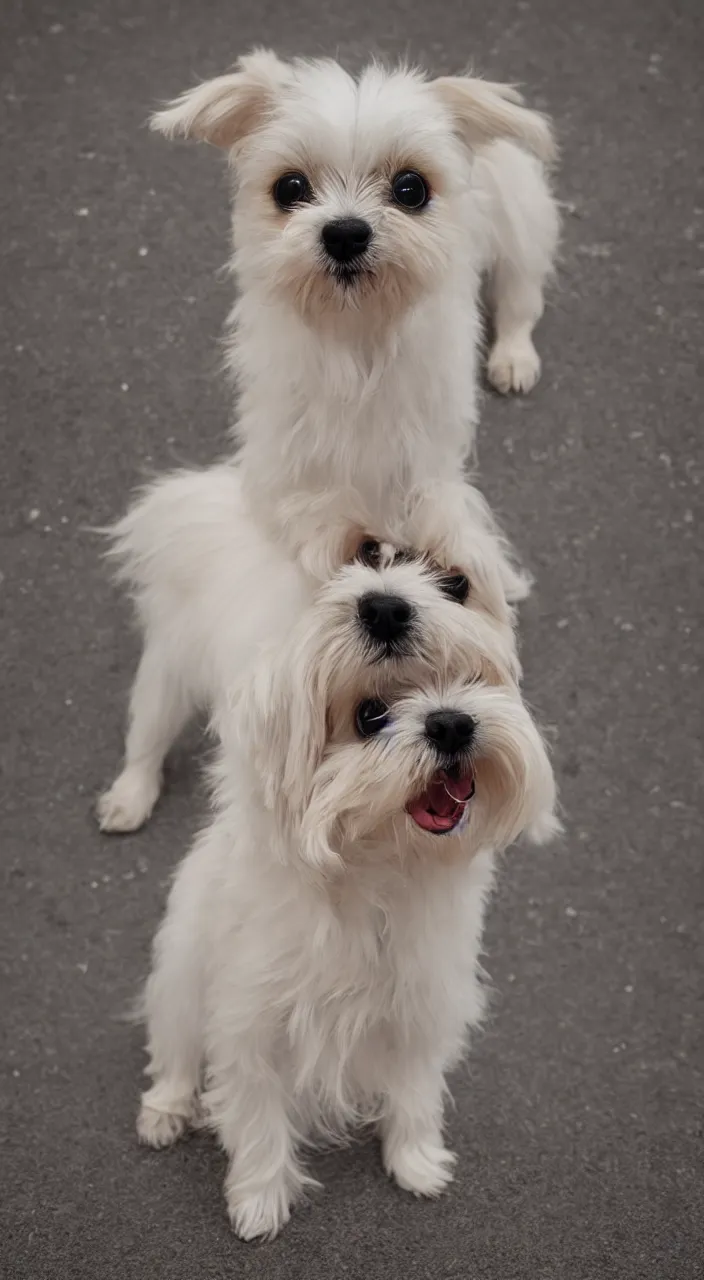 Image similar to photo of maltese puppy dog standing on hind leg begging for food, photorealistic