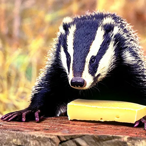 Image similar to happy badger eating a huge piece of cheese, beautiful professional photography, 8 k hd, 3 5 mm film,